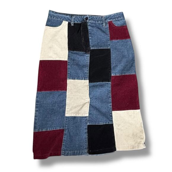 Vintage Dresses & Skirts - Vintage Y2K Patchwork Colorblock Denim Corduroy Pencil Skirt Burgundy Cream